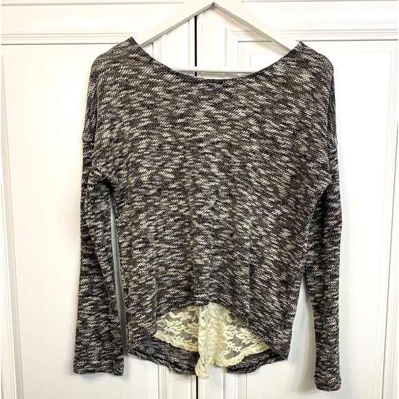 G 21 Women's Medium Scoop Neck Sweater Black Cream Specks Cream Lace Panel Top - Picture 1 of 9